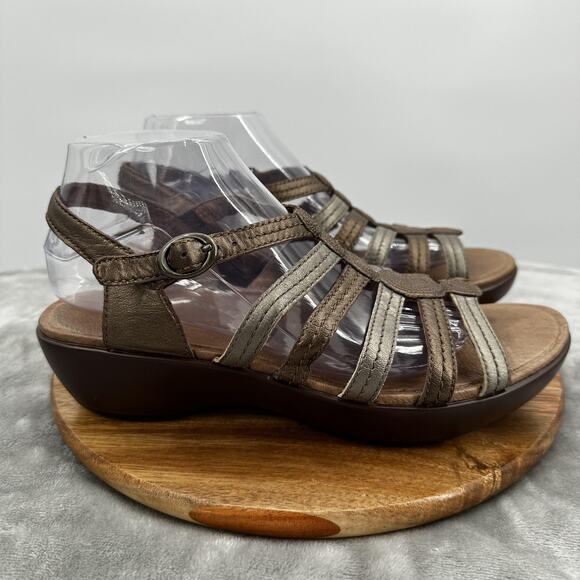 Dansko Shoes Womens 9 EU 40 Brown Metallic Strappy Sandals Comfort Leather Wedge - Picture 1 of 12